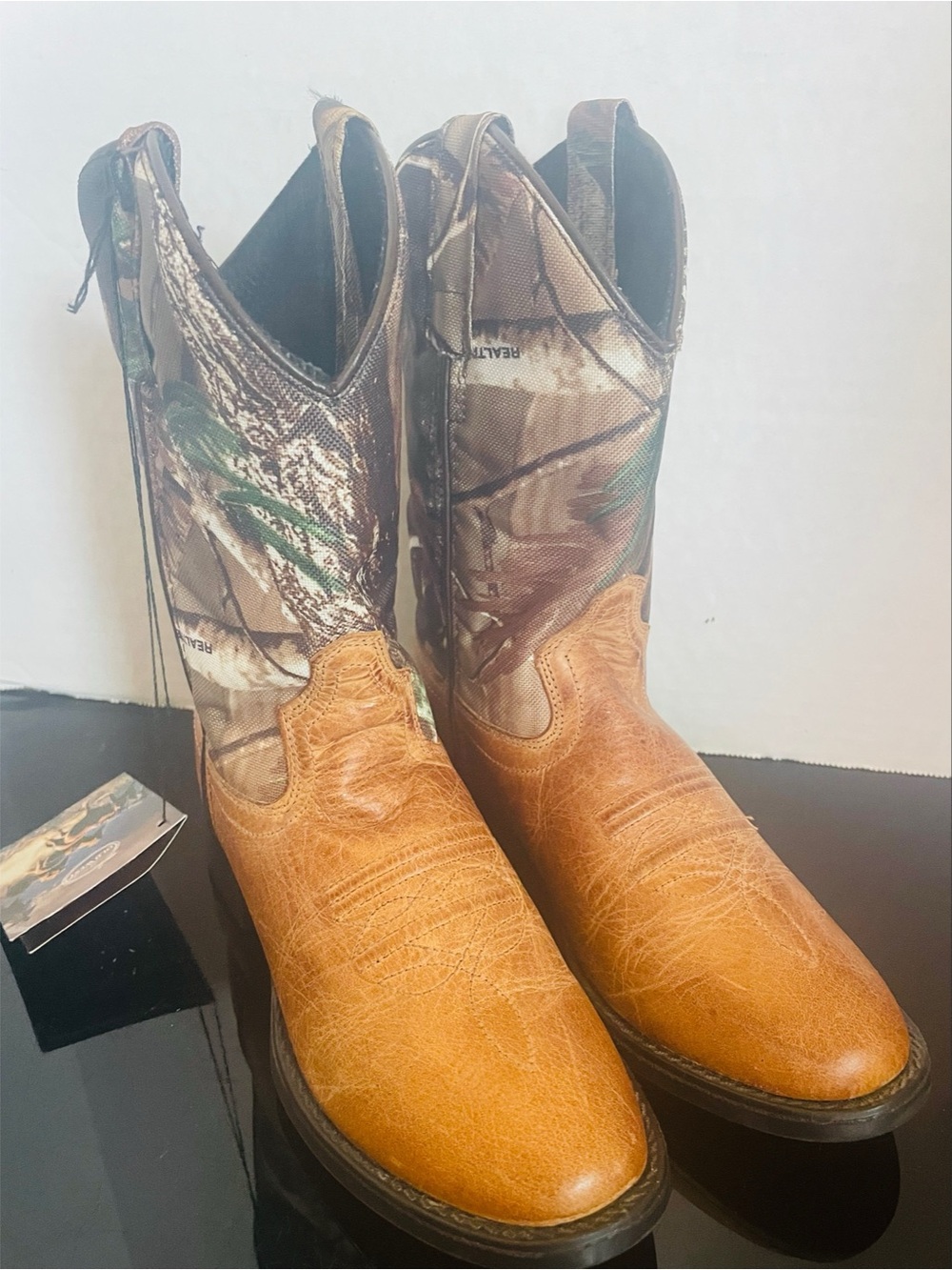 Old West Tan Leather Foot with Camouflage Shaft Cowboy Boots Kids NEW Size 13.5
